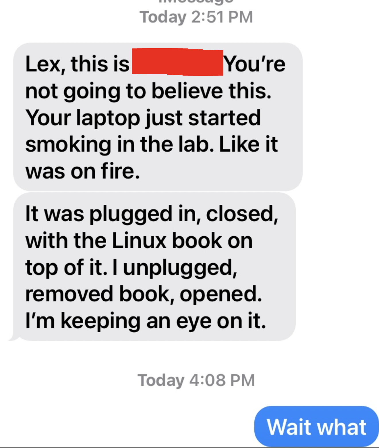 Picture of a message mentioning my laptop on fire